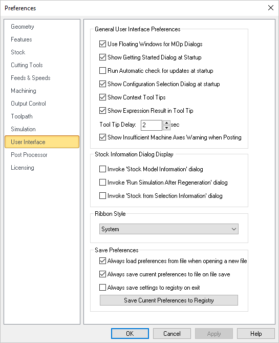 Dialog Box: CAM Preferences > User Interface