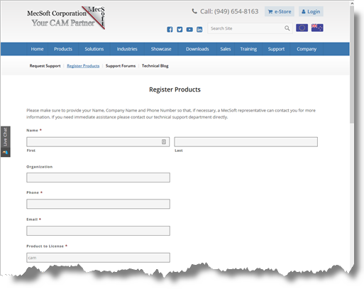 Register Products Form at MecSoft.com