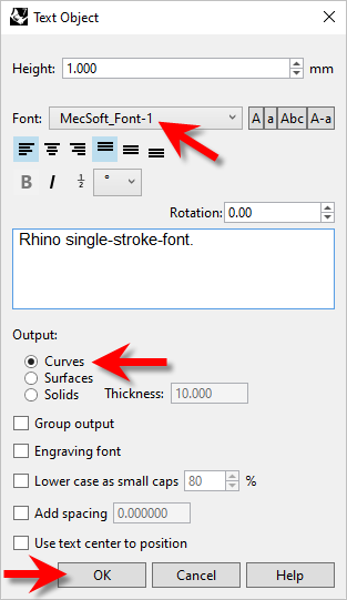 Rhino TextObject command dialog