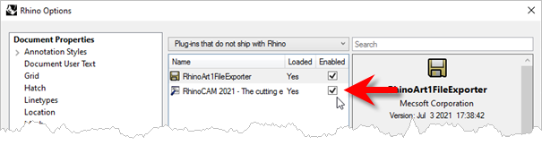 Rhino > Tools > Options > Plugin that do not ship with Rhino