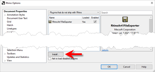 Rhino > Tools > Options > Plugin that do not ship with Rhino