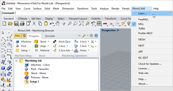 To access the Learning Resources dilog in RhinoCAM