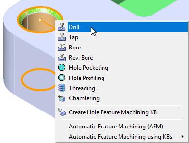 Right-click options on a Hole feature