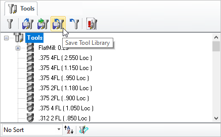From the Tools tab of the Machining Objects Browser, select the Save Tool Library button&nbsp;