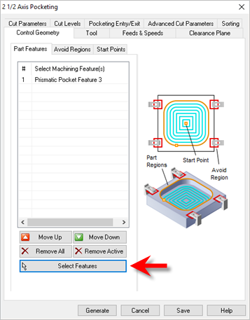 To Select Features, when creating a machining operation, click Select Features under Control Geometry tab