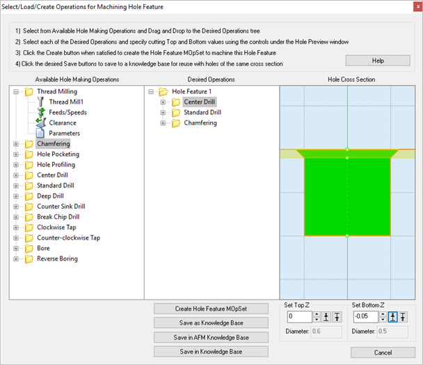 Dialog Box: Select/Load Operations for Creating Hole Features