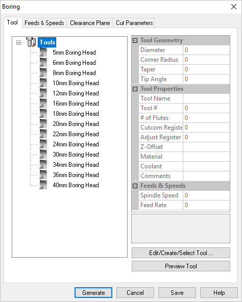 Dialog Box: Tool tab, Turn Boring