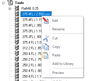 Right-click Options on a Tool