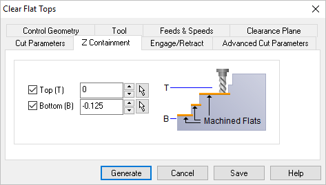Dialog Box: Z Containment tab, Clear Flats Machining, 3 Axis