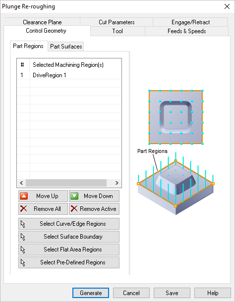 Dialog Box: Control Geometry tab, Plunge Re-Roughing, 3 Axis