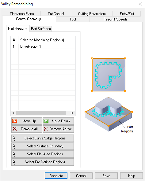 Dialog Box: Control Geometry tab, Valley Re-Machining, 3 Axis