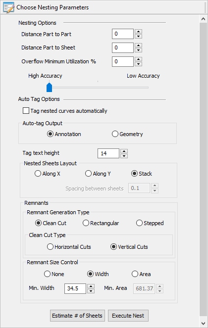 Nesting Browser - Choose Nesting Parameters tab