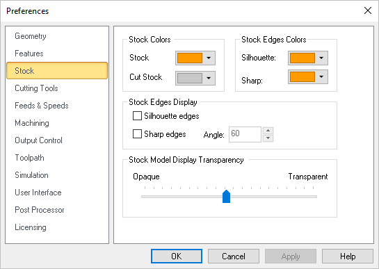 CAM Preferences > Stock
