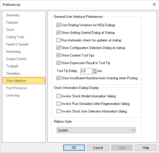 Dialog Box: CAM Preferences > User Interface