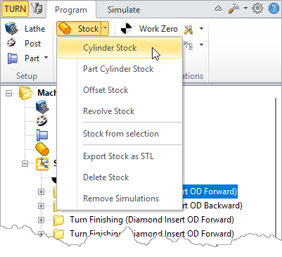 The Stock menu with Cylinder Stock selected