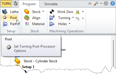 Locating the Post command from the Program tab of the TURN Machining browser&nbsp;