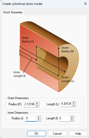 The Create Cylindrical Stock Model dialog