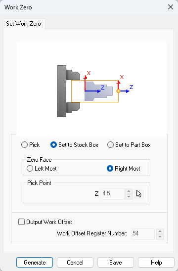The Work Zero dialog allows you to define where you plan to set the machine zero on the Turning Center.&nbsp;