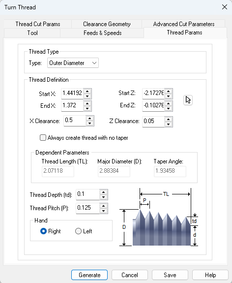The Thread Params tab of the Turn Thread operation dialog