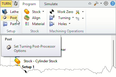 Locating the Post command from the Program tab of the TURN Machining browser