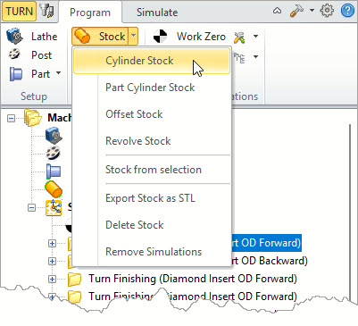 The Stock menu with Cylinder Stock selected