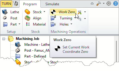 The Work Zero command on the program tan of the TURN Machining Browser