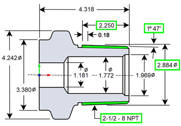 The location and dimensions for the 2½ – 8 NPT external threads