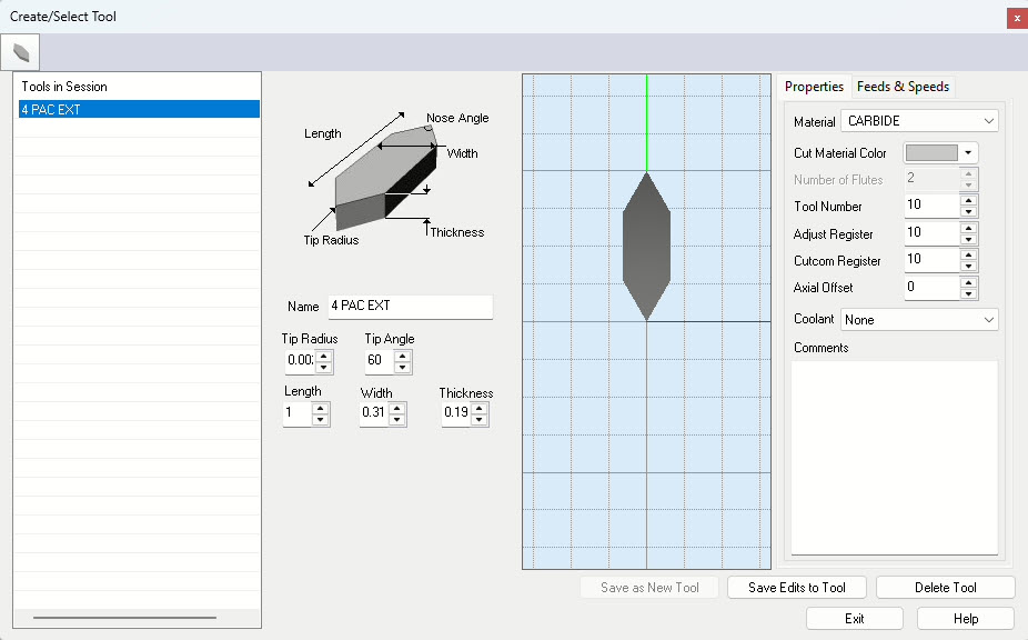 The Create/Select Tool dialog showing tool insert dimensions and properties