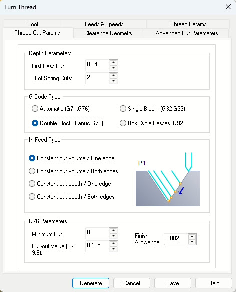 The Thread Params tab of the Turn Thread operation dialog