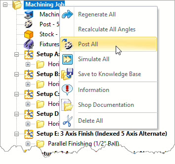 Select the Machining Job, right-click and select Post All. This generates one file that contains the G-Codes for all operations in the machining job.