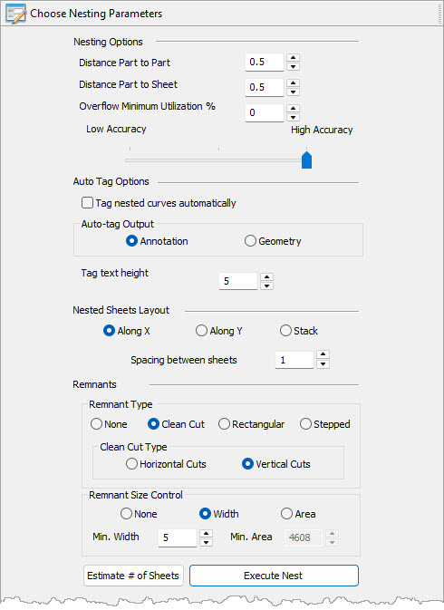 Here we see the Choose Nesting Parameters tab. Notice the section for Remnant Control.