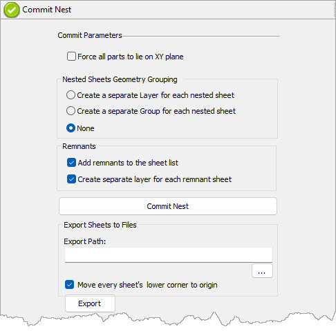The Commit Nest tab includes parameters for committing the nested sheets to actual geometry that can then be used for other purposes inside Rhino such as generating toolpaths in RhinoCAM.