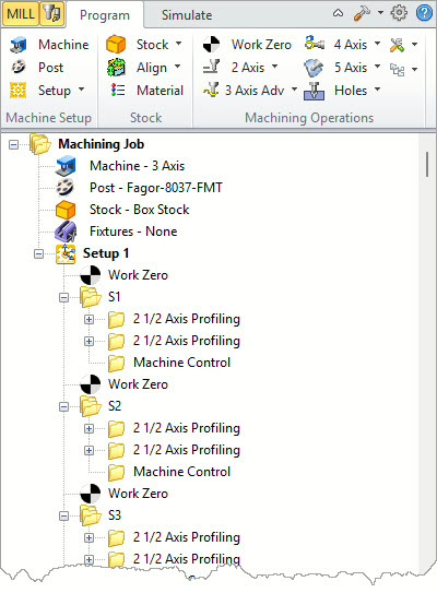 Above we see the RhinoCAM Machining Browser with the 2½ Axis tool paths generated for multiple nested sheets (S1, S2, S3, etc..).&nbsp;