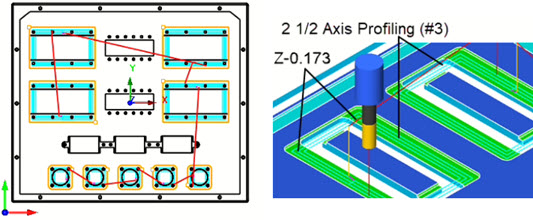 2½ Axis Profiling: Top view (Left) Cut Material Simulation (Right)