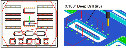 0.188” Deep Drilling: Top View (Left) Cut Material Simulation (Right)