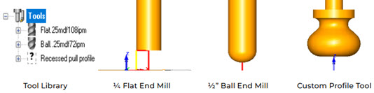 Here we see the list of tools for this Machining job. From left to right, we have the list of tools used, followed by a 1⁄4” diameter Flat End Mill, a ¼” diameter Ball End Mill and the Custom Form Tool on the right. You will note that the profile of the custom form tool matches the profile of the undercut required by the Drawer Pull design.