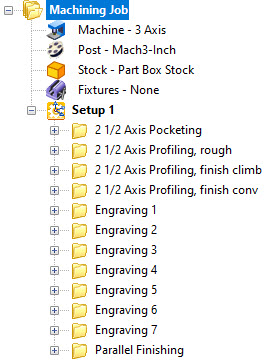 The Machining Job shown above consists of one Setup containing 2 axis and 3 axis roughing and finishing operations.