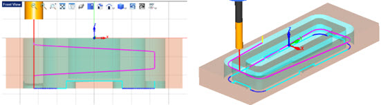 Here we see the third 2 Axis Profiling operations. This is the finish pass for the perimeter of the part. The 3 degree ramp entry is shown in magenta.