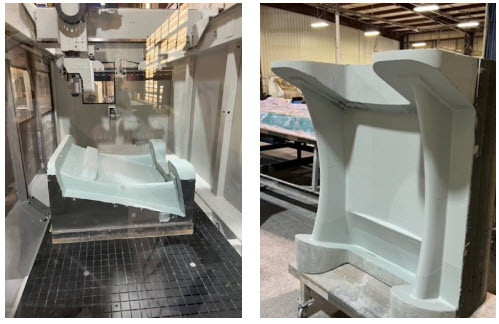 (Left) The core plug is still in the CMS Athena 5 Axis Machining Center. (Right) The finished core plug, one of several that are ready for layup.