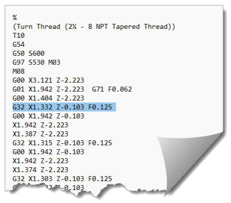 Single Block (G32 / G33) G-Code for the 2½ - 8 NPT External Thread