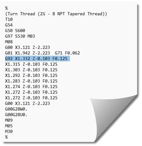 Box Cycle Passes (G92) G-Code for the 2½ - 8 NPT External Thread