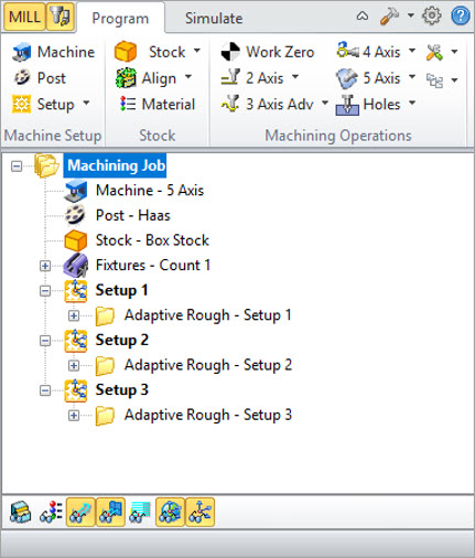 When you pick the Generate button, the software instantly analyzes the geometry and creates the three setups based on the Axis Control parameters shown in the Axis Control dialog above.