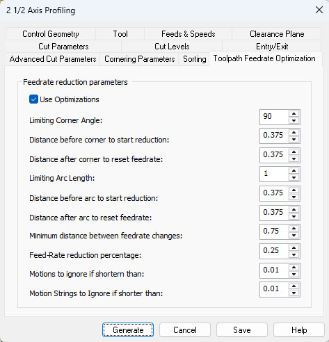Toolpath Feedrate Optimization tab of the 2-½ Axis Profiling Operation Dialog