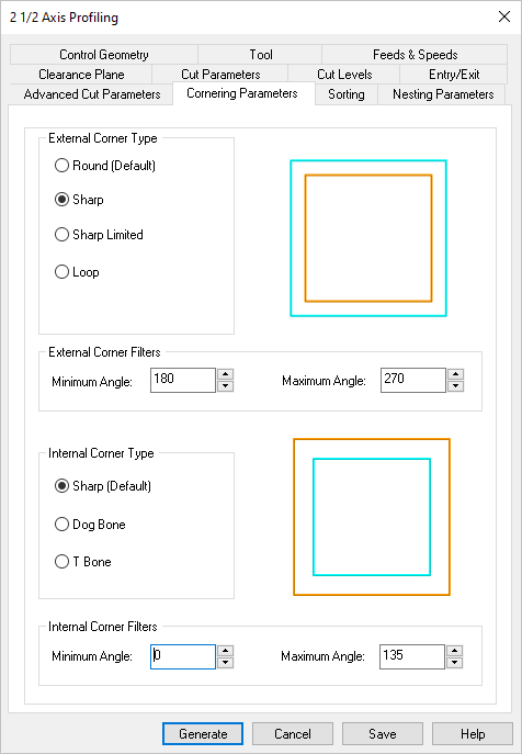 Dialog Box: Cornering Parameters tab, Profiling, 2 Axis