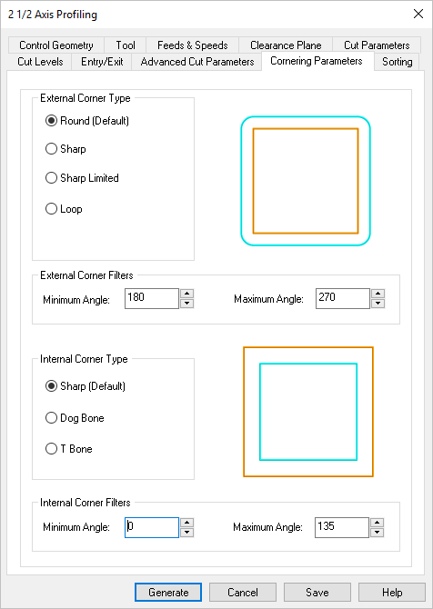Dialog Box: Cornering Parameters tab, Profiling, 2 Axis