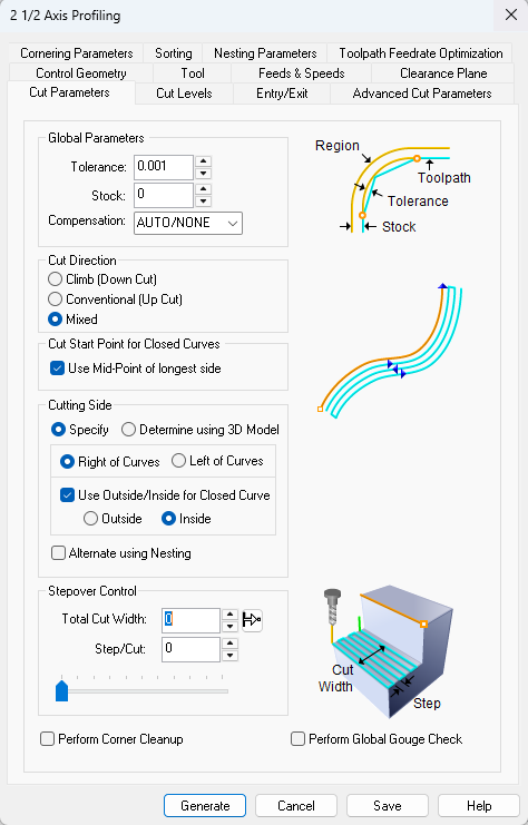 Cut Parameters tab, Profiling Operations