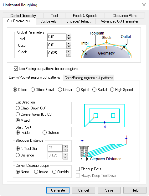 Dialog Box: Cut Parameters tab, 3 AxisHorizontal Roughing