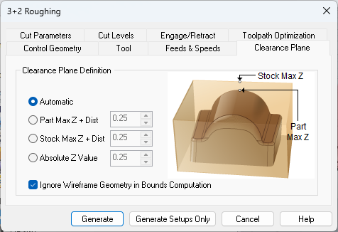 Dialog Box: Clearance Plane tab, 3+2 Roughing, 3 Axis