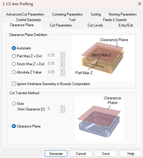 Dialog Box: Clearance Plane tab, similar for all Milling operations