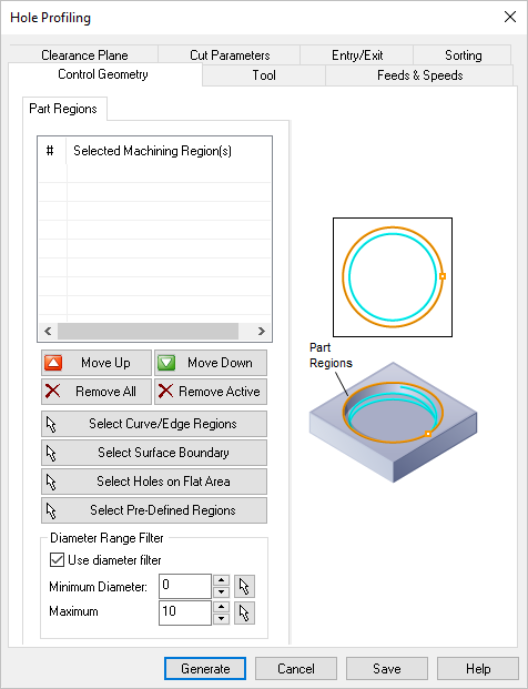 Dialog Box: Control Geometry tab, Hole Profiling, 2 Axis